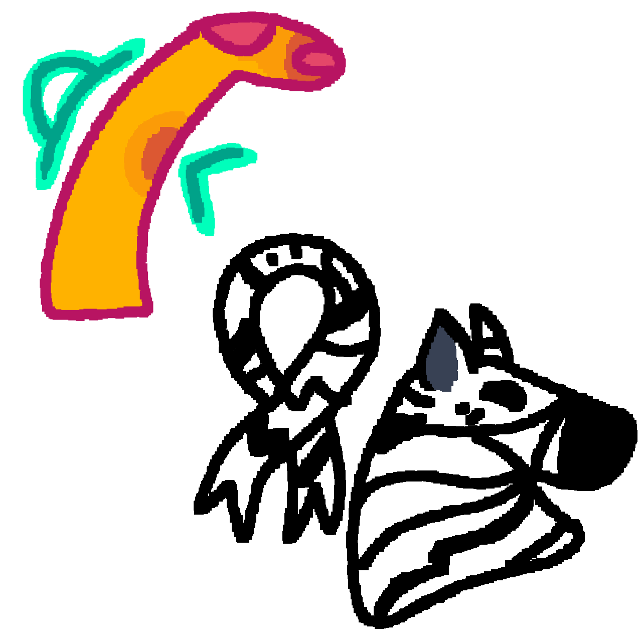 on the top is a yellow arm with orange finger tips and elbow stretching with a teal reflex angle to the left of it and a teal acute angle on the elbow. on the bottom right corner is a white ribbon with black stripes next to the bust of a zebra, who has a white body with black stripes